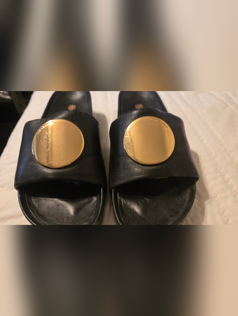 Tory Burch Black Slide Sandals with Gold Medallion - Picture 11 of 16
